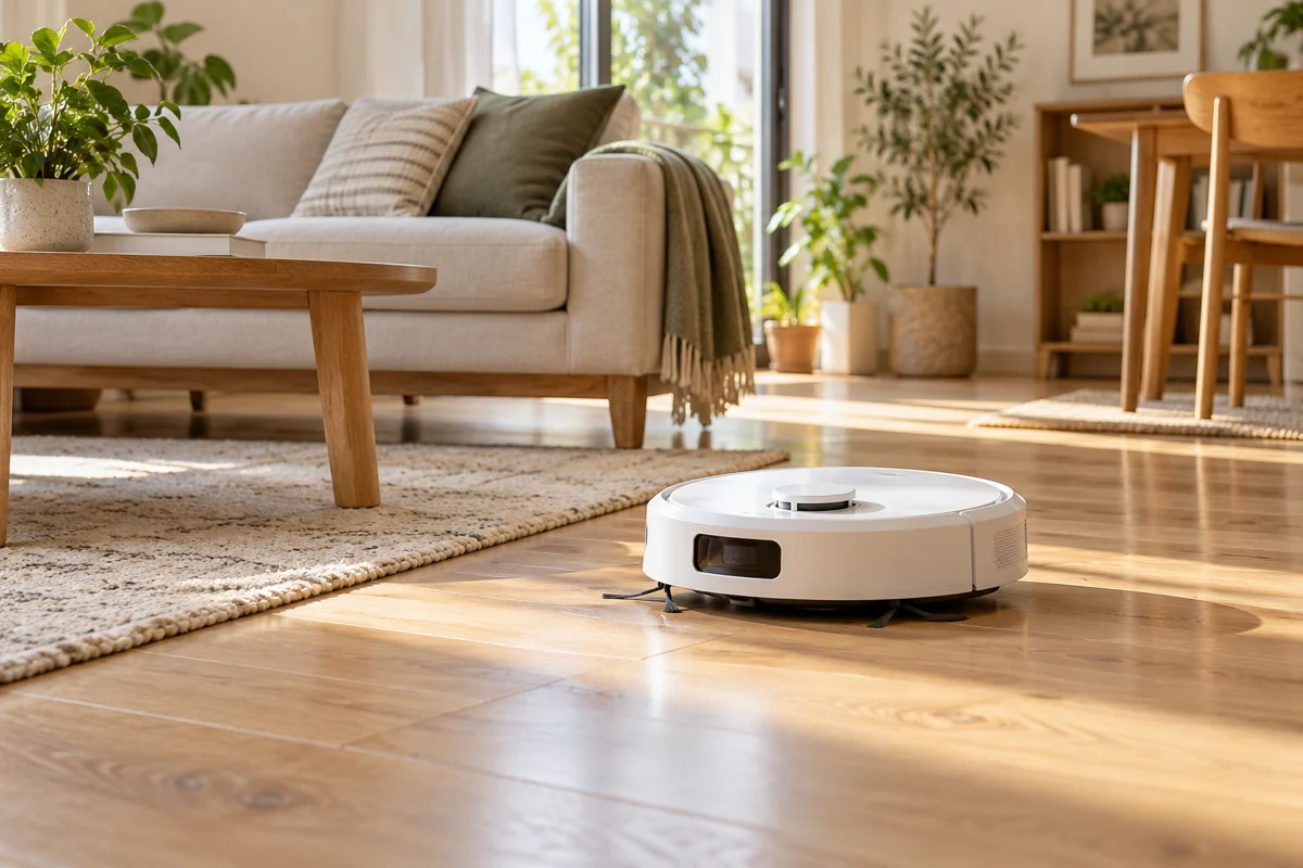 Robot genérico en un salón luminoso: limpieza diaria en casa