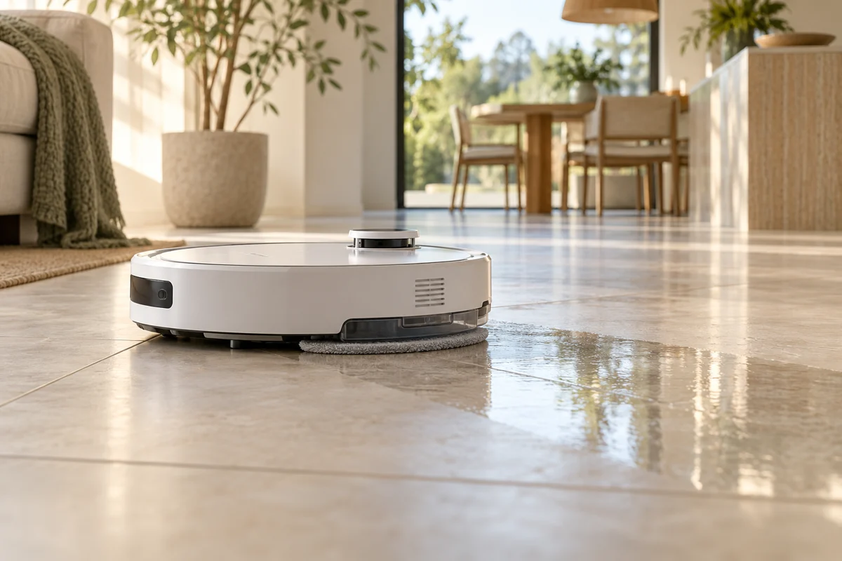 Robot genérico pasando la mopa sobre suelo de baldosa