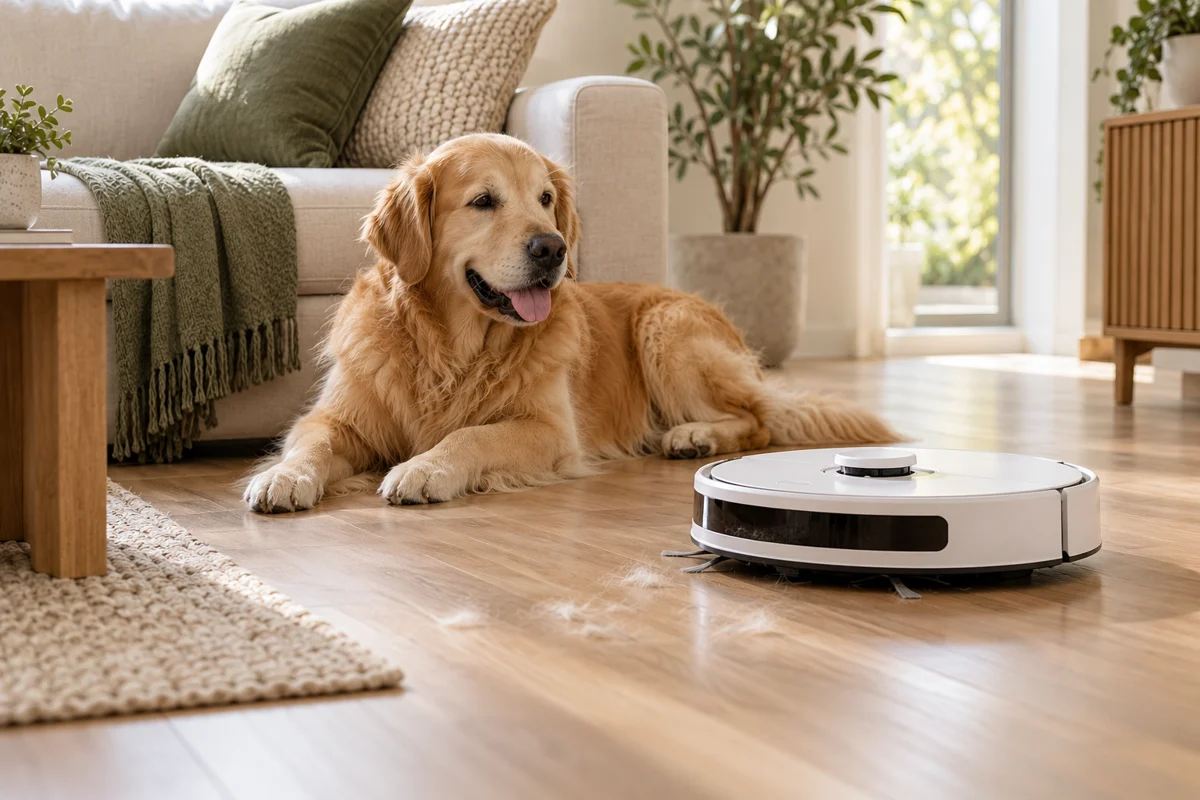 Robot genérico limpiando un salón junto a un perro